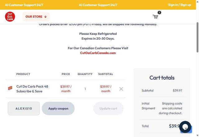 Cut Da Carb checkout page showing Cut Da Carb coupon code box | Screenshot taken by SimplyCodes community member on Aug 4, 2025