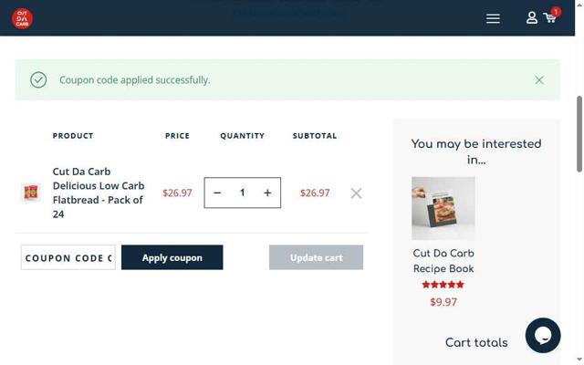 Cut Da Carb checkout page showing Cut Da Carb coupon code box | Screenshot taken by SimplyCodes community member on Jun 25, 2025
