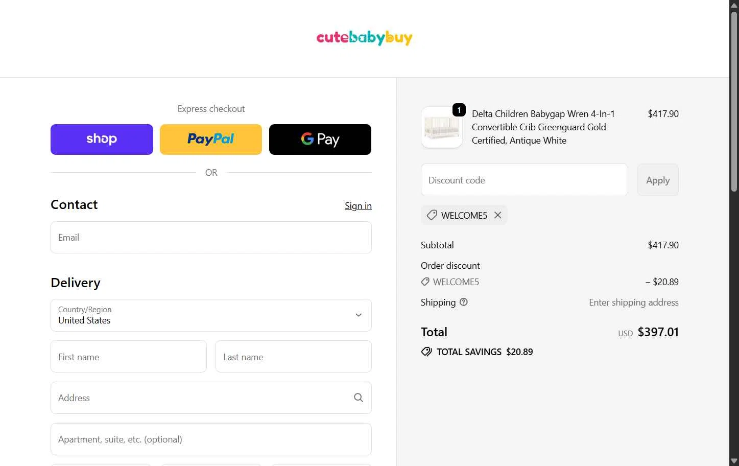 Cute Baby Buy checkout page showing Cute Baby Buy promo code box | Screenshot taken by SimplyCodes community member on Sep 18, 2025
