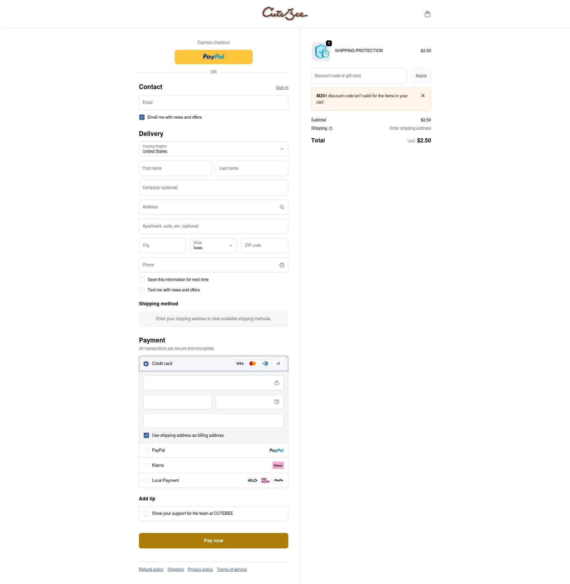CuteBee checkout page showing CuteBee discount code box | Screenshot taken by SimplyCodes community member on Feb 14, 2026