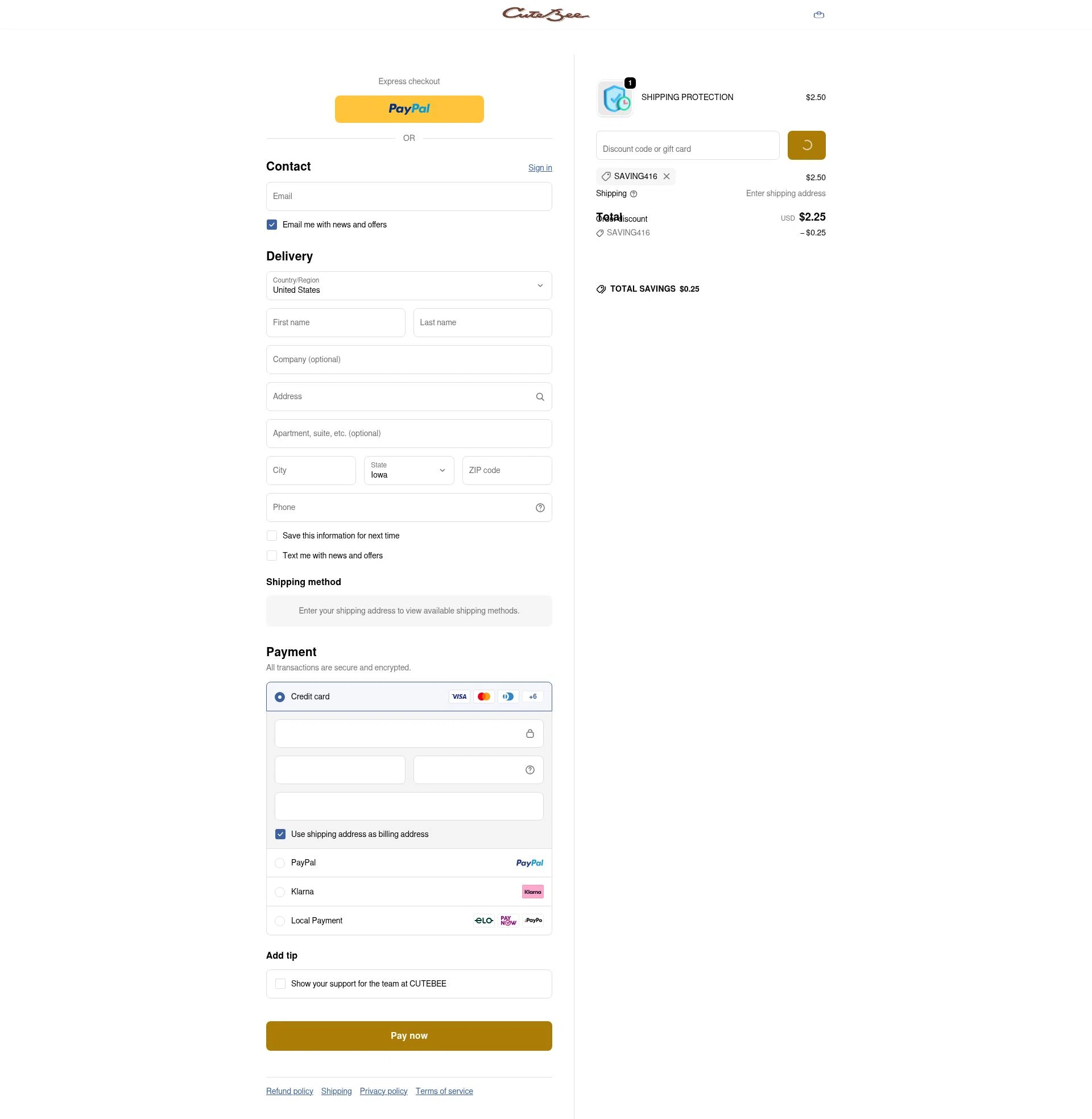 CuteBee checkout page showing CuteBee discount code box | Screenshot taken by SimplyCodes community member on Feb 14, 2026