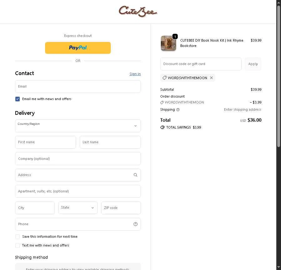CuteBee checkout page showing CuteBee discount code box | Screenshot taken by SimplyCodes community member on Feb 14, 2026
