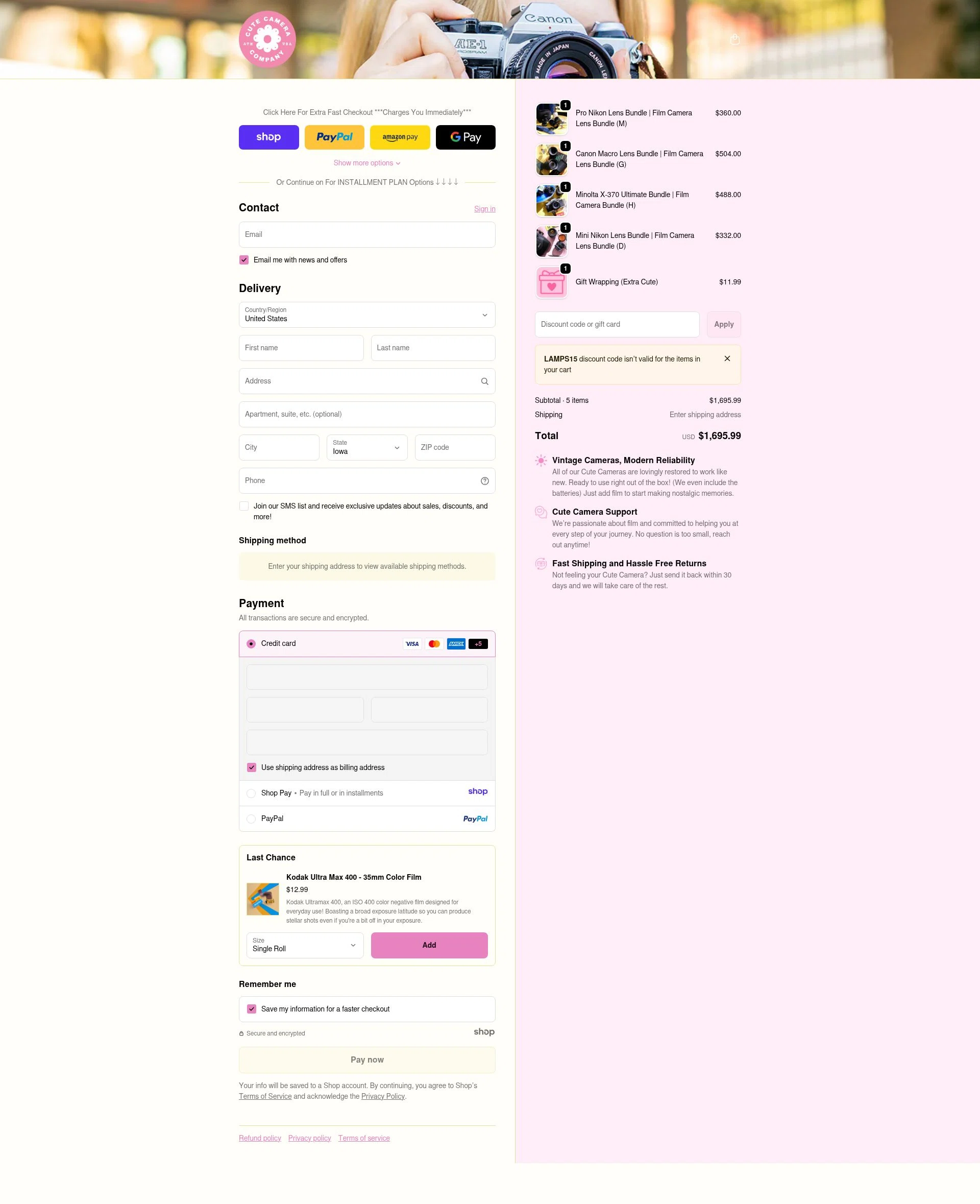 Cute Camera checkout page showing Cute Camera discount code box | Screenshot taken by SimplyCodes community member on Dec 31, 2025