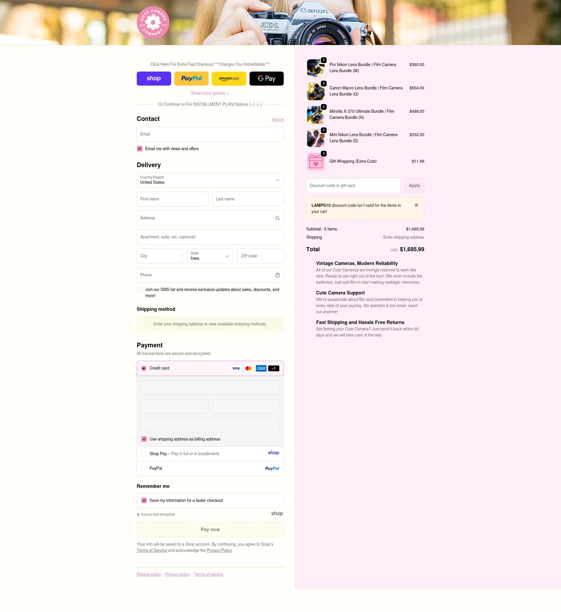 Cute Camera checkout page showing Cute Camera discount code box | Screenshot taken by SimplyCodes community member on Jan 5, 2026