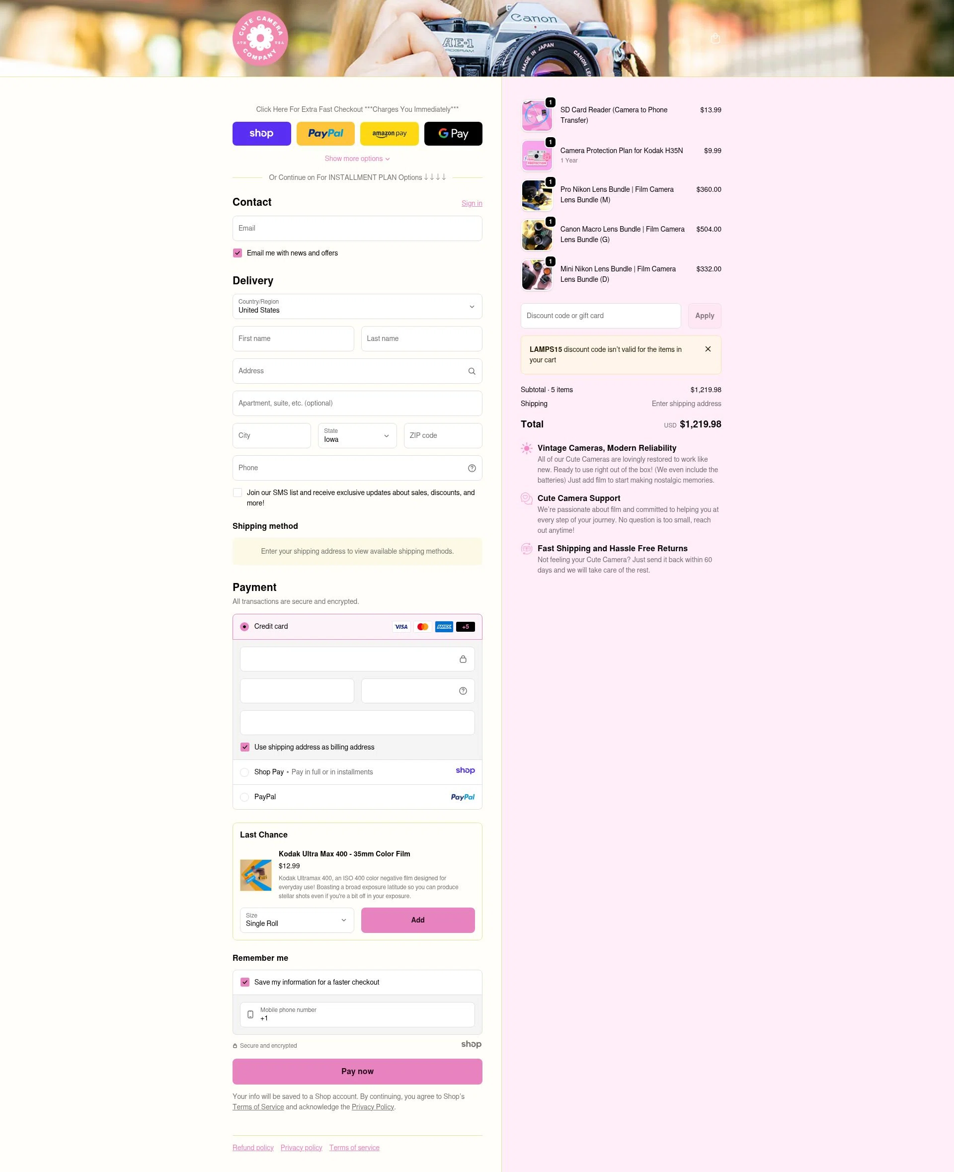 Cute Camera checkout page showing Cute Camera discount code box | Screenshot taken by SimplyCodes community member on Jan 20, 2026
