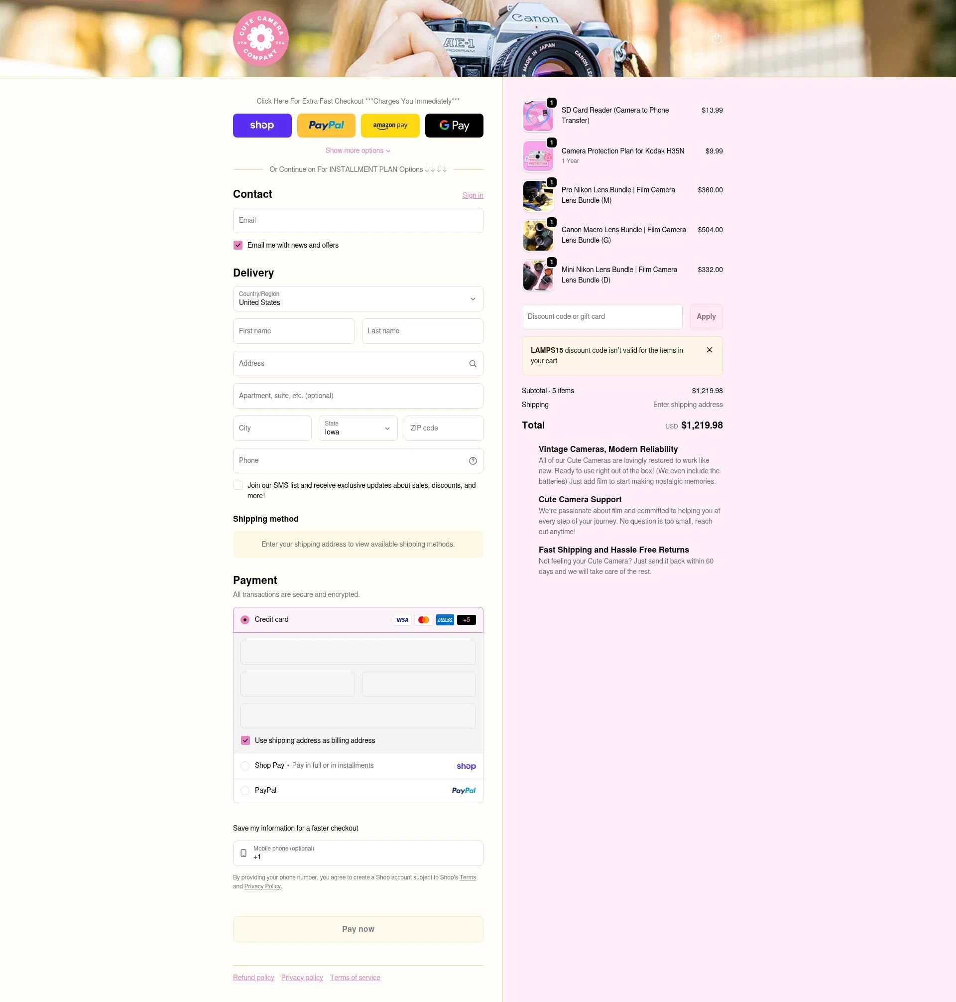 Cute Camera checkout page showing Cute Camera discount code box | Screenshot taken by SimplyCodes community member on Feb 7, 2026