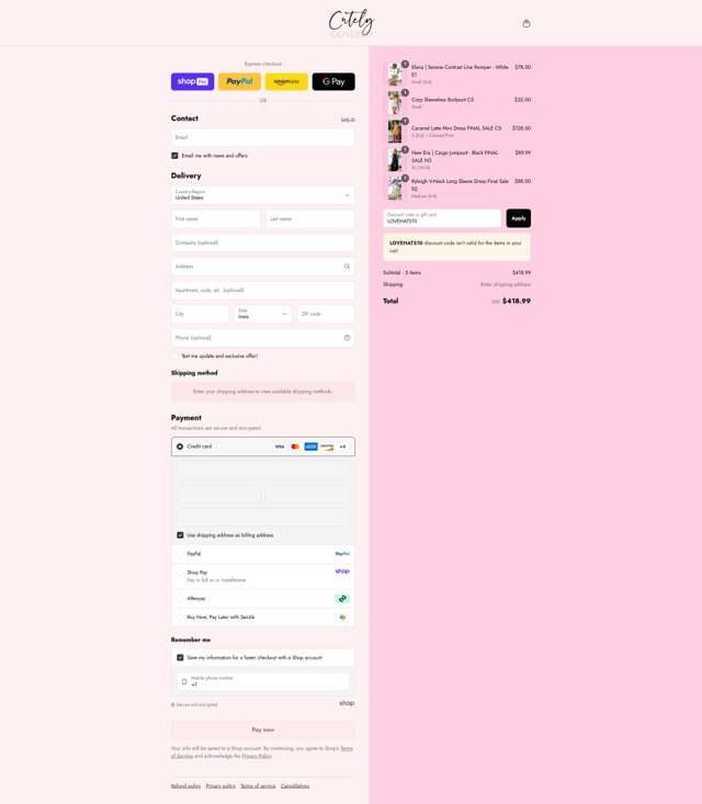 Cutely Covered checkout page showing Cutely Covered discount code box | Screenshot taken by SimplyCodes community member on Aug 24, 2025