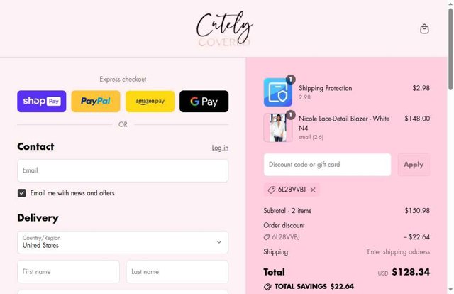 Cutely Covered checkout page showing Cutely Covered discount code box | Screenshot taken by SimplyCodes community member on Aug 15, 2025