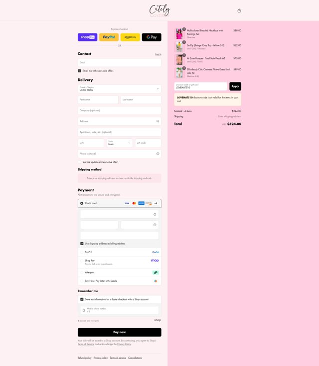 Cutely Covered checkout page showing Cutely Covered discount code box | Screenshot taken by SimplyCodes community member on Aug 14, 2025