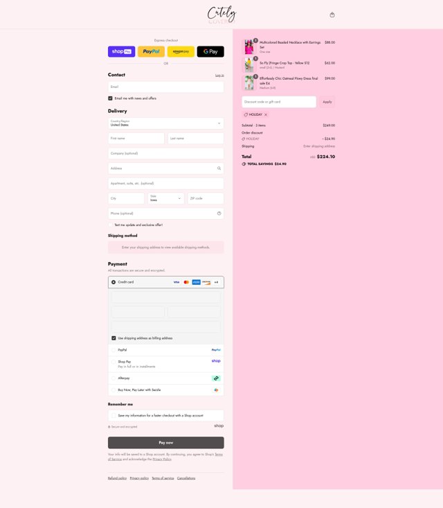Cutely Covered checkout page showing Cutely Covered discount code box | Screenshot taken by SimplyCodes community member on Aug 19, 2025