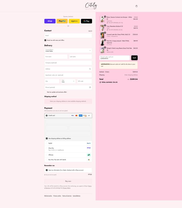 Cutely Covered checkout page showing Cutely Covered discount code box | Screenshot taken by SimplyCodes community member on Sep 1, 2025