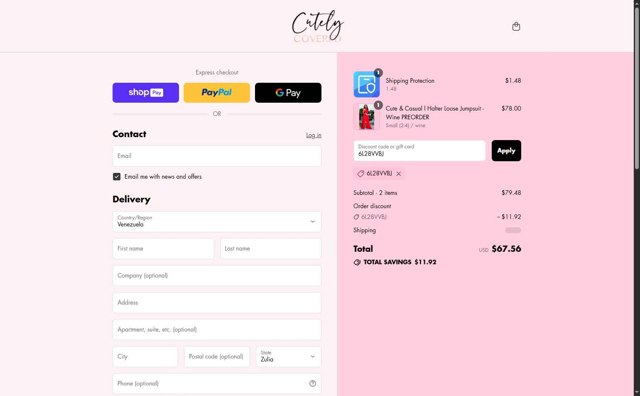 Cutely Covered checkout page showing Cutely Covered discount code box | Screenshot taken by SimplyCodes community member on Aug 15, 2025