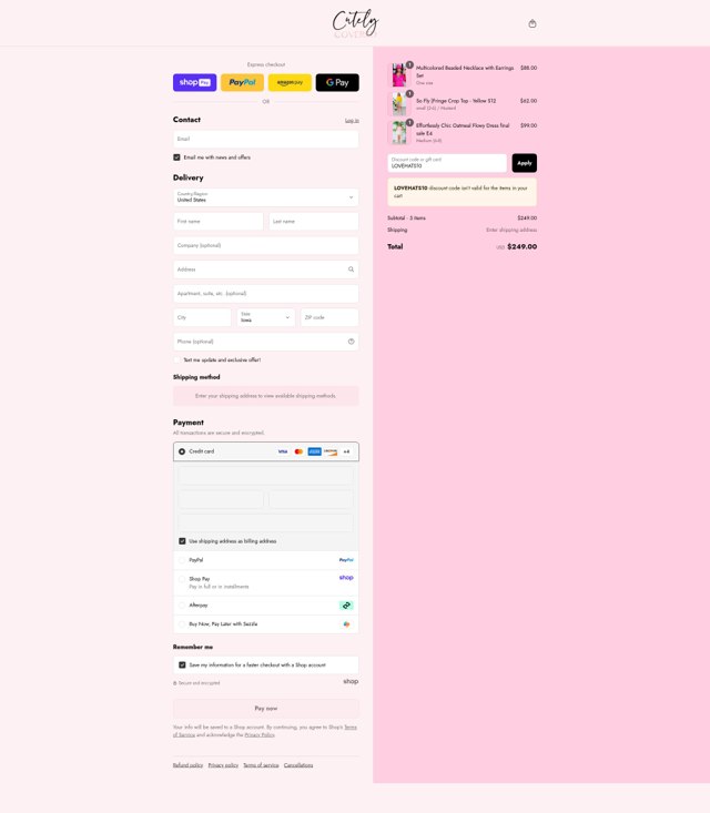 Cutely Covered checkout page showing Cutely Covered discount code box | Screenshot taken by SimplyCodes community member on Aug 19, 2025