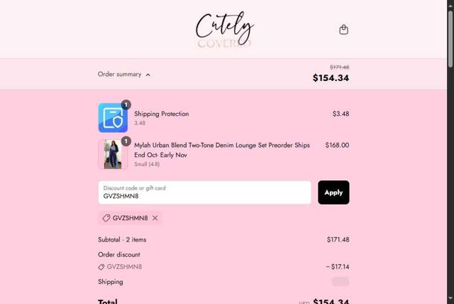 Cutely Covered checkout page showing Cutely Covered discount code box | Screenshot taken by SimplyCodes community member on Sep 8, 2025