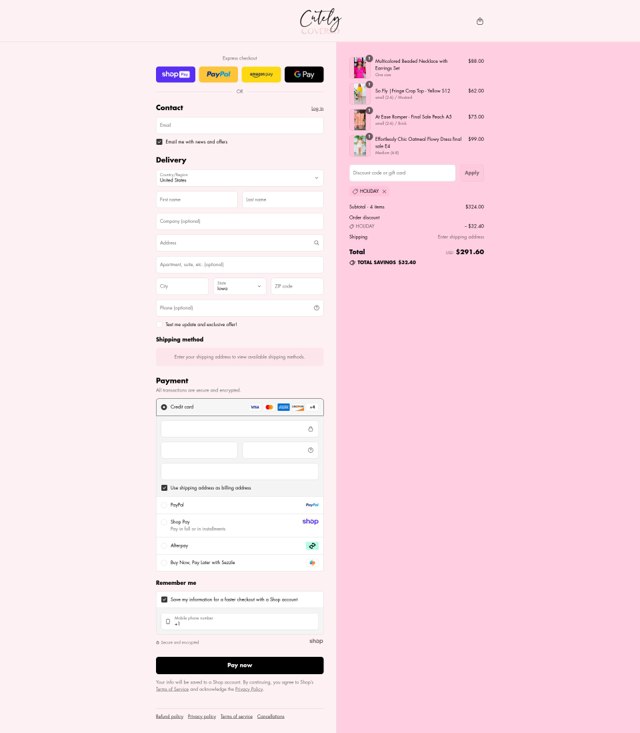 Cutely Covered checkout page showing Cutely Covered discount code box | Screenshot taken by SimplyCodes community member on Aug 14, 2025