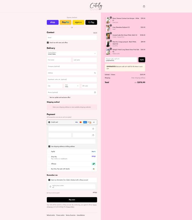 Cutely Covered checkout page showing Cutely Covered discount code box | Screenshot taken by SimplyCodes community member on Sep 5, 2025