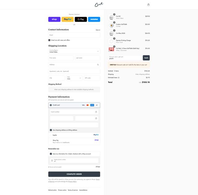Cut Golf checkout page showing Cut Golf promo code box | Screenshot taken by SimplyCodes community member on Sep 15, 2025