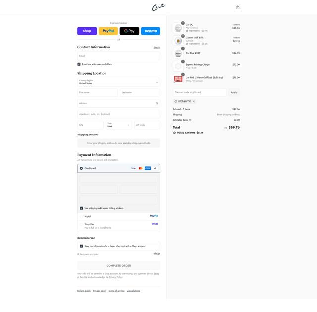Cut Golf checkout page showing Cut Golf promo code box | Screenshot taken by SimplyCodes community member on Sep 15, 2025
