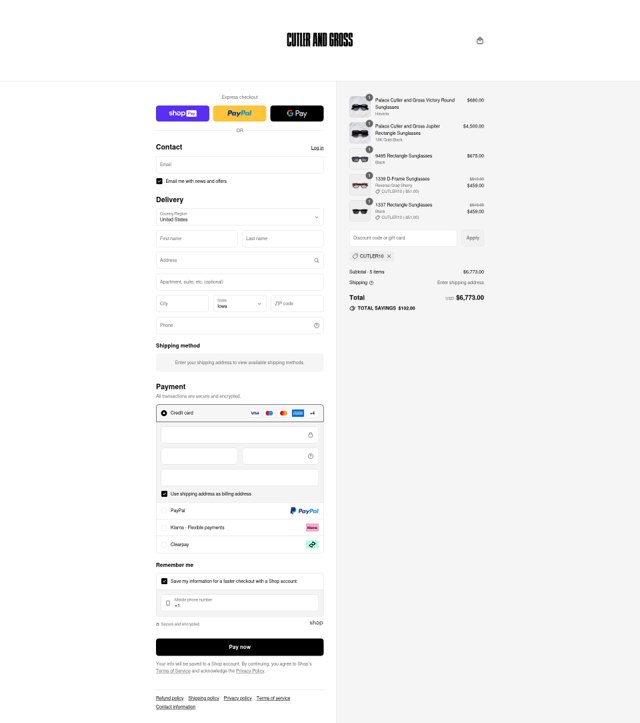Cutler and Gross checkout page showing Cutler and Gross discount code box | Screenshot taken by SimplyCodes community member on Jul 22, 2025