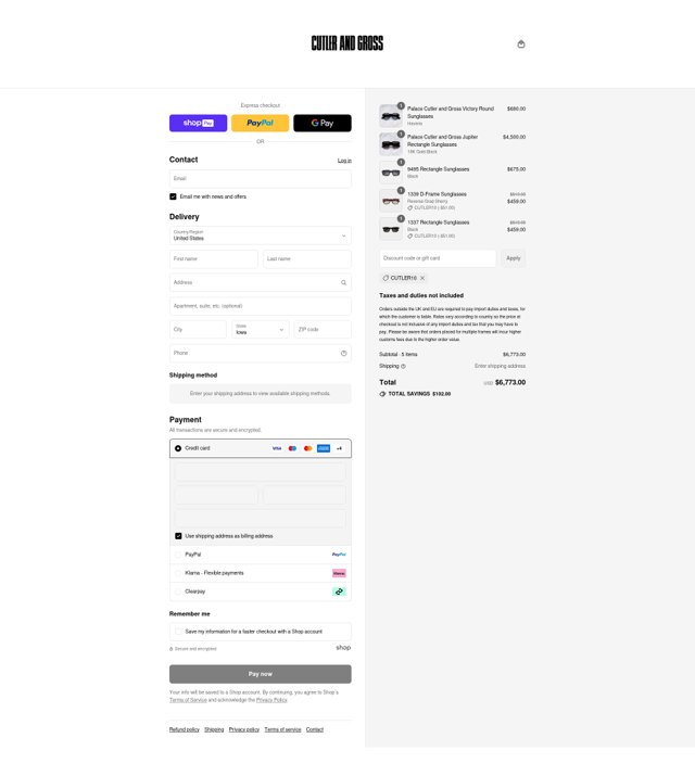 Cutler and Gross checkout page showing Cutler and Gross discount code box | Screenshot taken by SimplyCodes community member on Aug 19, 2025