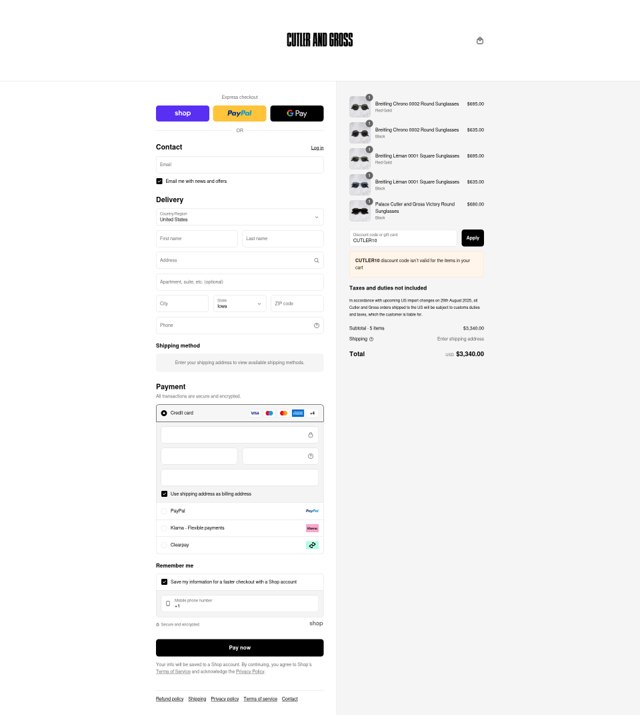 Cutler and Gross checkout page showing Cutler and Gross discount code box | Screenshot taken by SimplyCodes community member on Aug 29, 2025