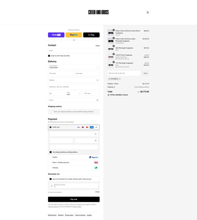 Cutler and Gross checkout page showing Cutler and Gross discount code box | Screenshot taken by SimplyCodes community member on Aug 3, 2025