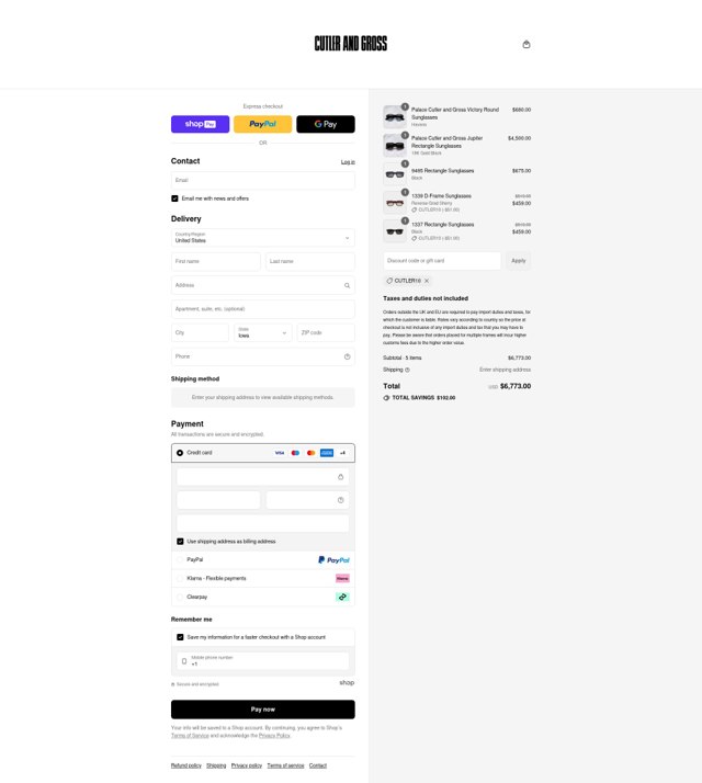Cutler and Gross checkout page showing Cutler and Gross discount code box | Screenshot taken by SimplyCodes community member on Aug 7, 2025