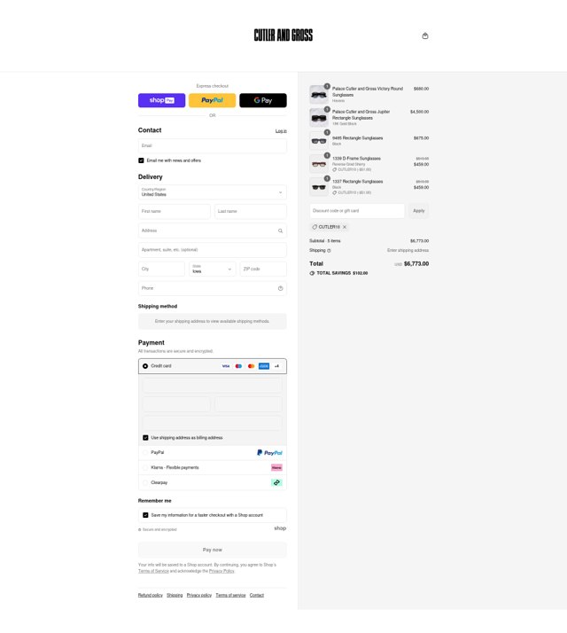 Cutler and Gross checkout page showing Cutler and Gross discount code box | Screenshot taken by SimplyCodes community member on Jul 26, 2025