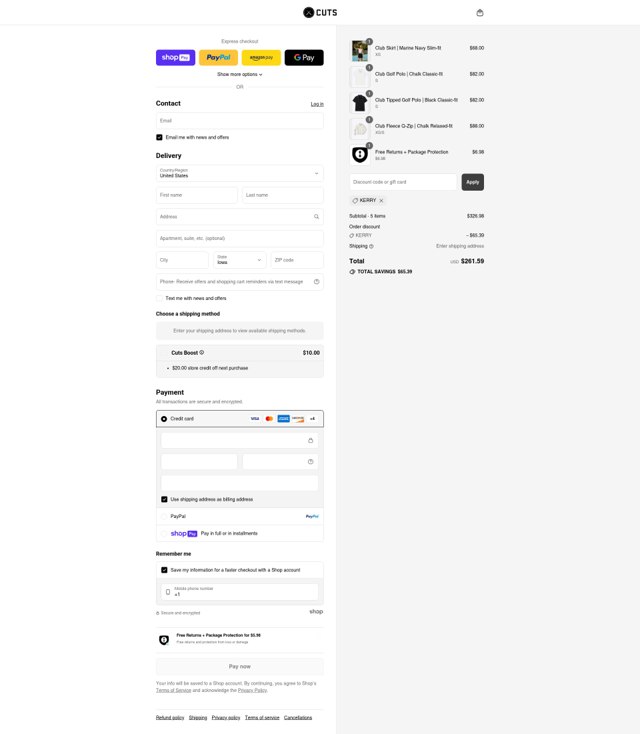 Cuts Clothing checkout page showing Cuts Clothing discount code box | Screenshot taken by SimplyCodes community member on Aug 13, 2025