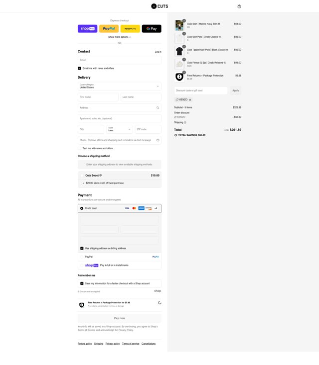 Cuts Clothing checkout page showing Cuts Clothing discount code box | Screenshot taken by SimplyCodes community member on Aug 13, 2025