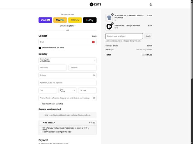 Cuts Clothing checkout page showing Cuts Clothing discount code box | Screenshot taken by SimplyCodes community member on Aug 26, 2025