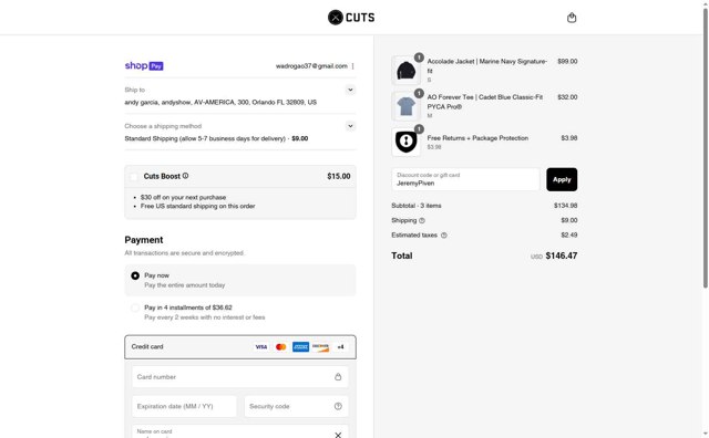 Cuts Clothing checkout page showing Cuts Clothing discount code box | Screenshot taken by SimplyCodes community member on Aug 19, 2025