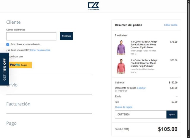 Cutter & Buck checkout page showing Cutter & Buck promo code box | Screenshot taken by SimplyCodes community member on Aug 1, 2025