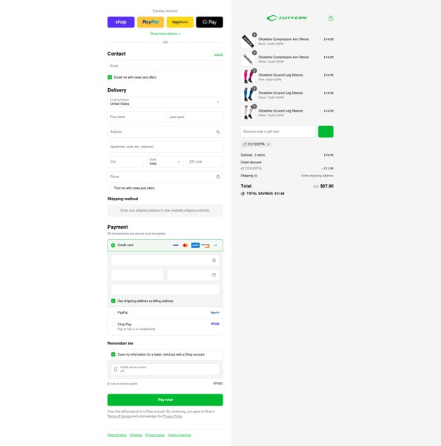 Cutters Sports checkout page showing Cutters Sports promo code box | Screenshot taken by SimplyCodes community member on Sep 6, 2025