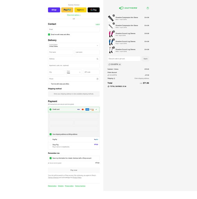 Cutters Sports checkout page showing Cutters Sports promo code box | Screenshot taken by SimplyCodes community member on Sep 6, 2025
