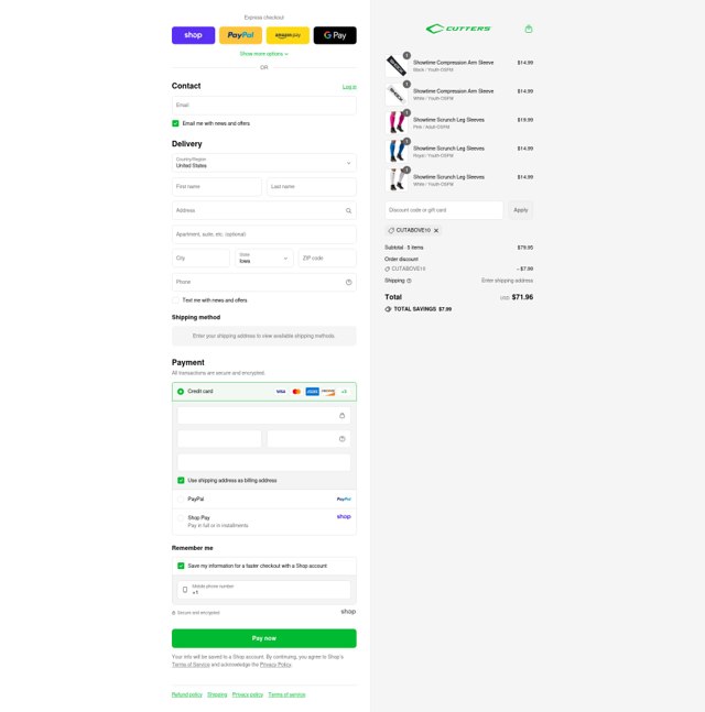 Cutters Sports checkout page showing Cutters Sports promo code box | Screenshot taken by SimplyCodes community member on Sep 6, 2025