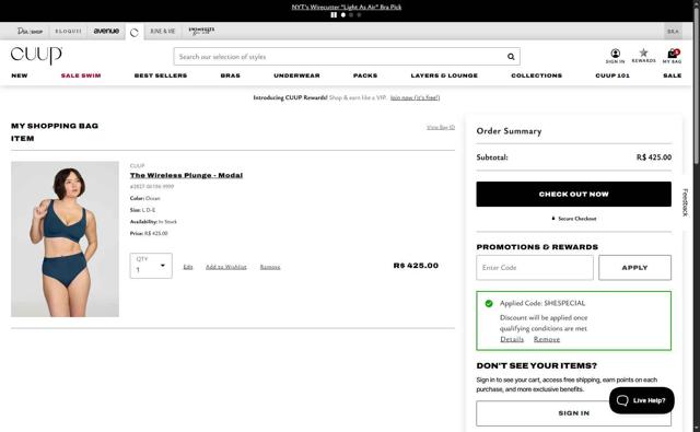CUUP checkout page showing CUUP promo code box | Screenshot taken by SimplyCodes community member on Sep 10, 2025