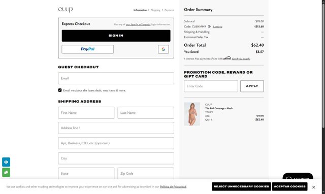 CUUP checkout page showing CUUP promo code box | Screenshot taken by SimplyCodes community member on Aug 16, 2025