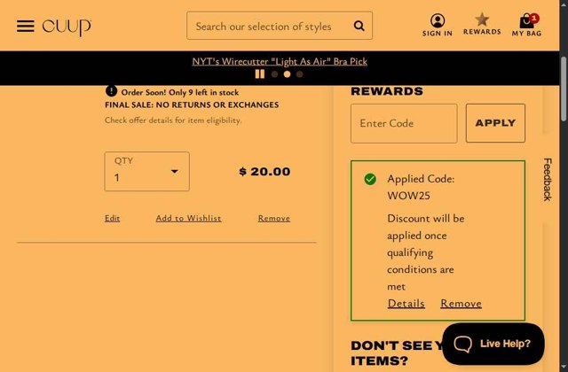 CUUP checkout page showing CUUP promo code box | Screenshot taken by SimplyCodes community member on Jul 29, 2025
