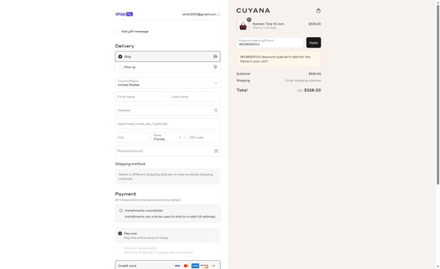 Cuyana checkout page showing Cuyana discount code box | Screenshot taken by SimplyCodes community member on Aug 20, 2025