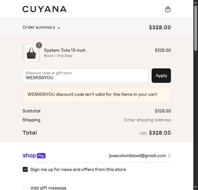 Cuyana checkout page showing Cuyana discount code box | Screenshot taken by SimplyCodes community member on Aug 27, 2025