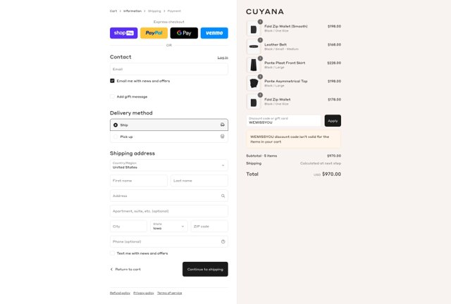 Cuyana checkout page showing Cuyana discount code box | Screenshot taken by SimplyCodes community member on Aug 22, 2025
