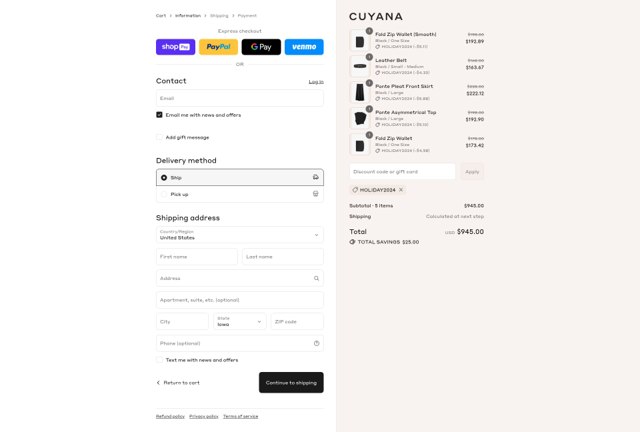 Cuyana checkout page showing Cuyana discount code box | Screenshot taken by SimplyCodes community member on Aug 27, 2025