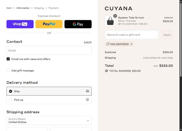Cuyana checkout page showing Cuyana discount code box | Screenshot taken by SimplyCodes community member on Aug 20, 2025