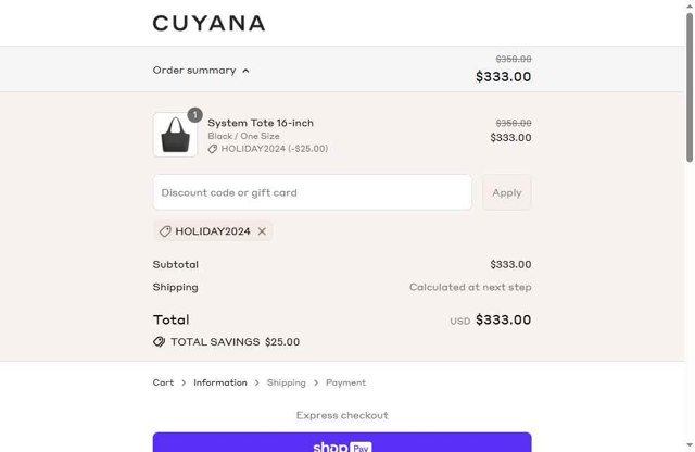 Cuyana checkout page showing Cuyana discount code box | Screenshot taken by SimplyCodes community member on Aug 24, 2025