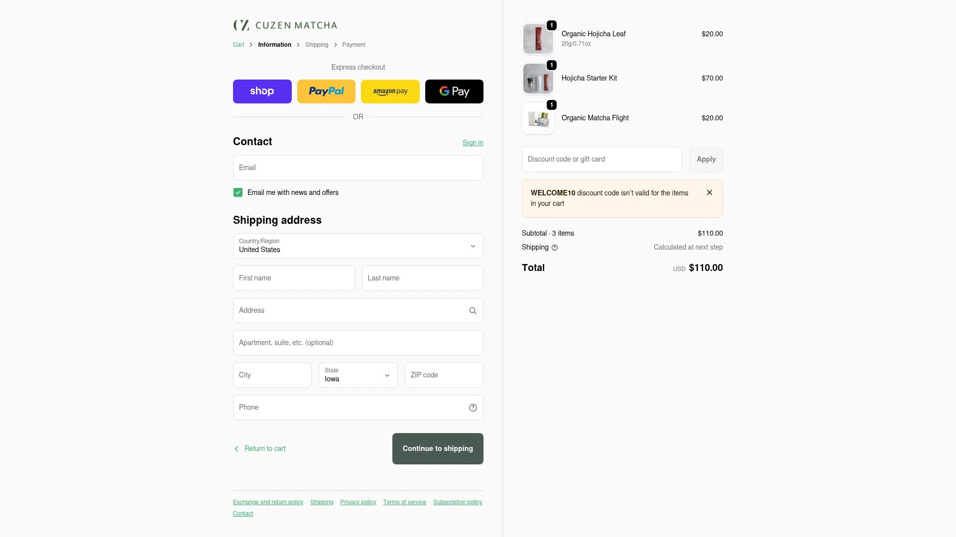 Cuzen Matcha checkout page showing Cuzen Matcha discount code box | Screenshot taken by SimplyCodes community member on Dec 28, 2025