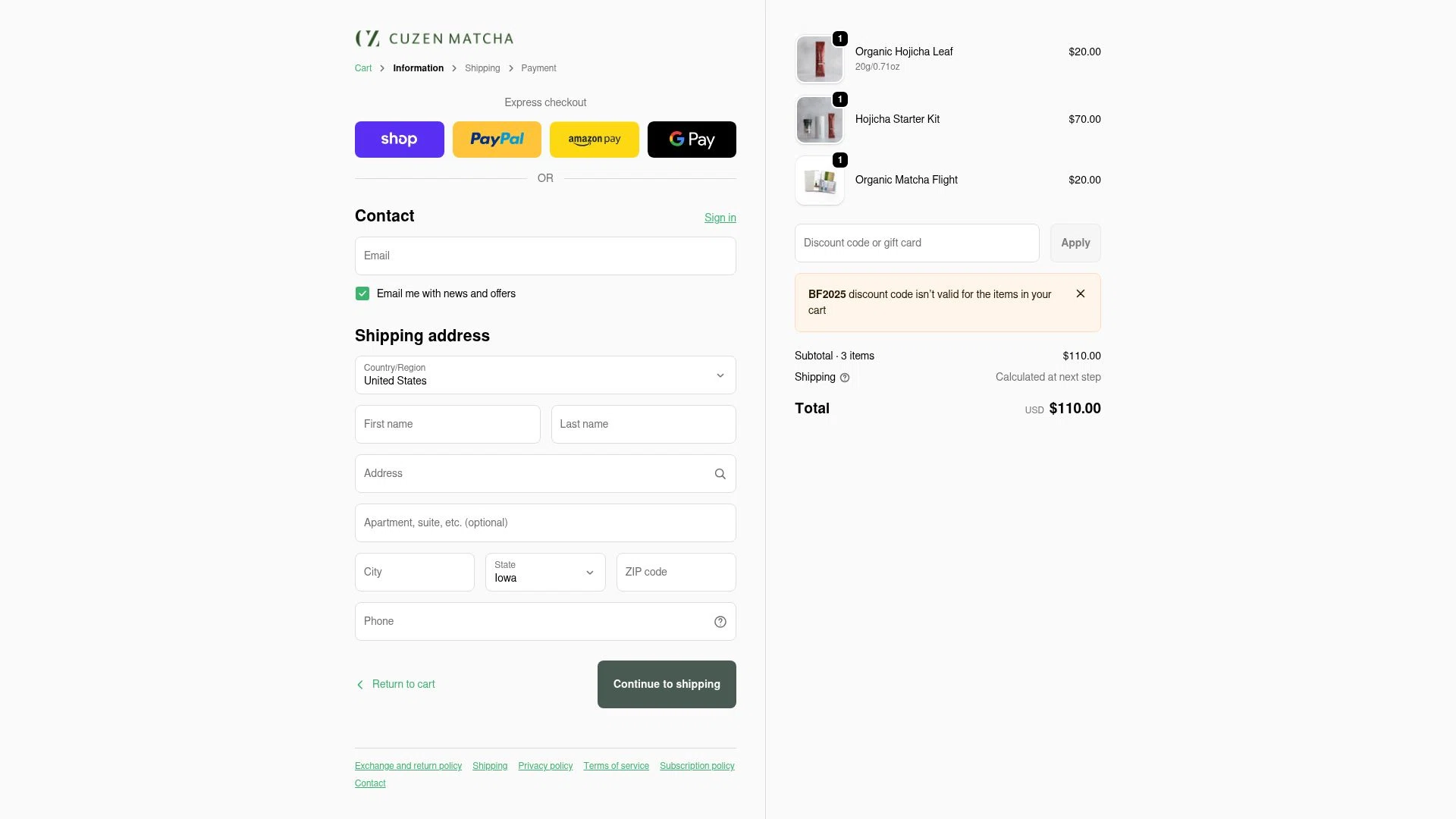 Cuzen Matcha checkout page showing Cuzen Matcha discount code box | Screenshot taken by SimplyCodes community member on Dec 24, 2025