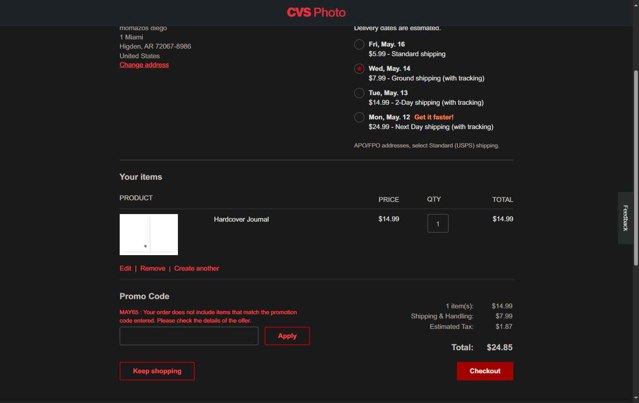 CVS checkout page showing CVS promo code box | Screenshot taken by SimplyCodes community member on May 5, 2025
