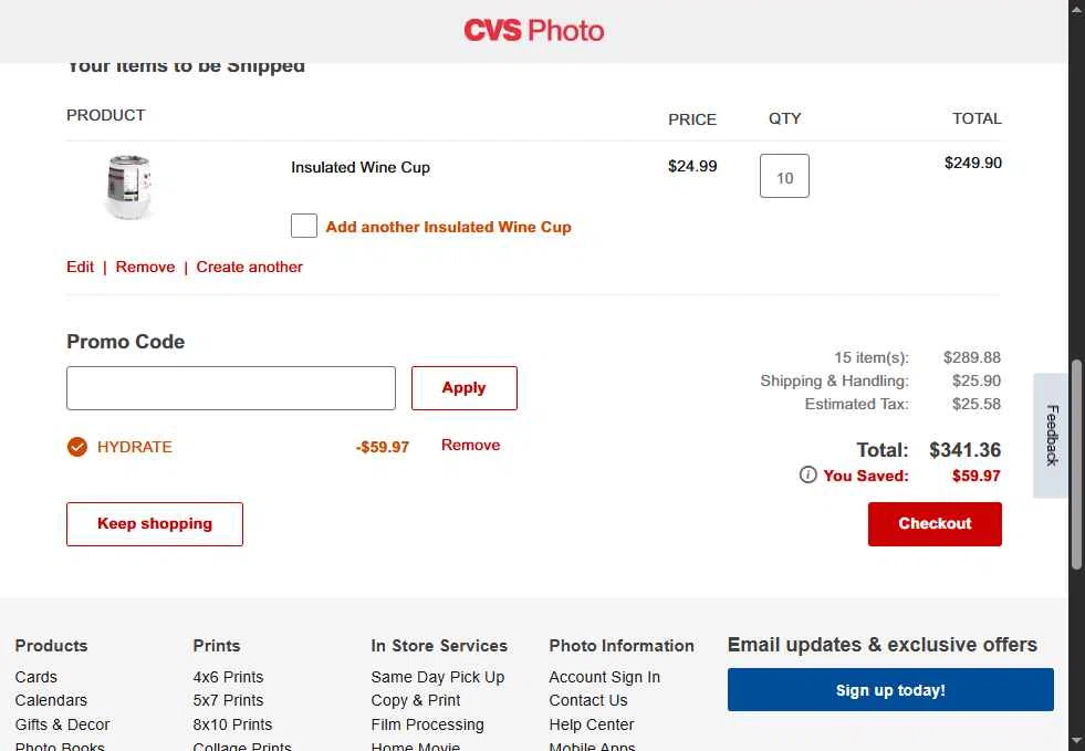 CVS Optical checkout page showing CVS Optical promo code box | Screenshot taken by SimplyCodes community member on Feb 10, 2026