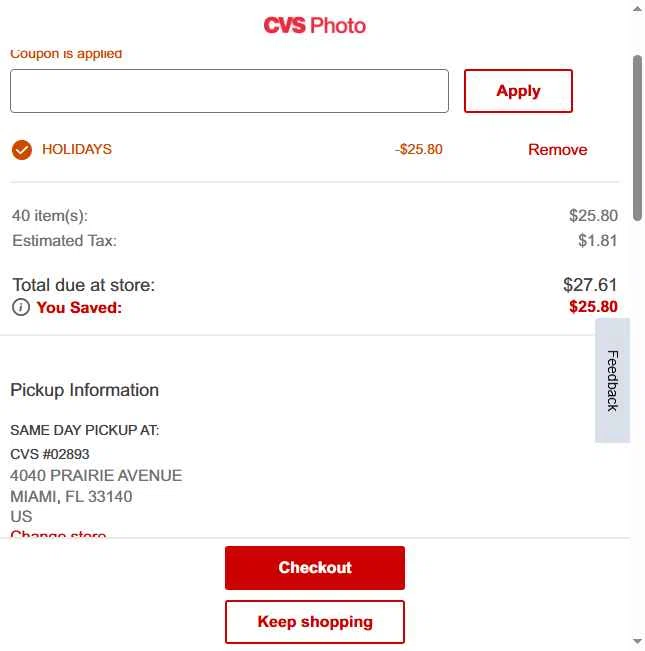 CVS Optical checkout page showing CVS Optical promo code box | Screenshot taken by SimplyCodes community member on Nov 17, 2025